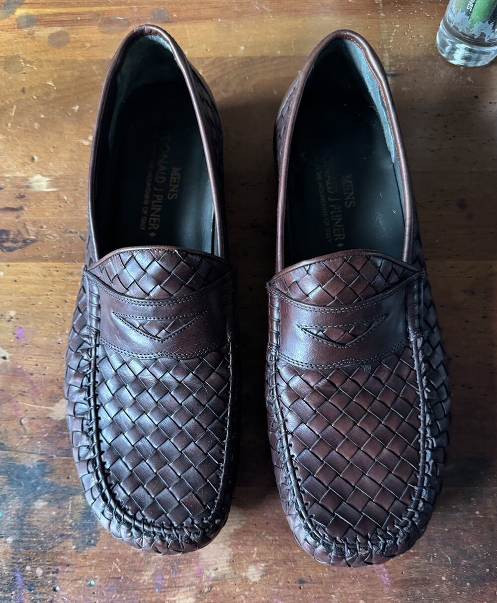 Donald J Pliner URVAN Men's Woven Leather Penny Loafers Brown Italy Size 11 M